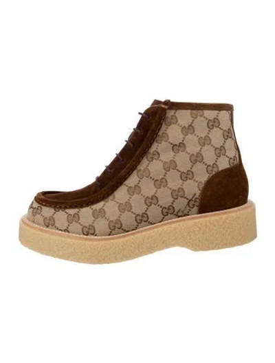 Pre-owned Gucci Canvas Printed Lace-up Boots W/ Tags In Brown