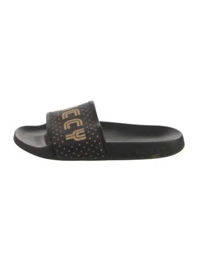 Pre-owned Gucci Canvas Printed Slides In Black