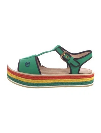 Pre-owned Gucci Canvas Striped T-strap Sandals In Green