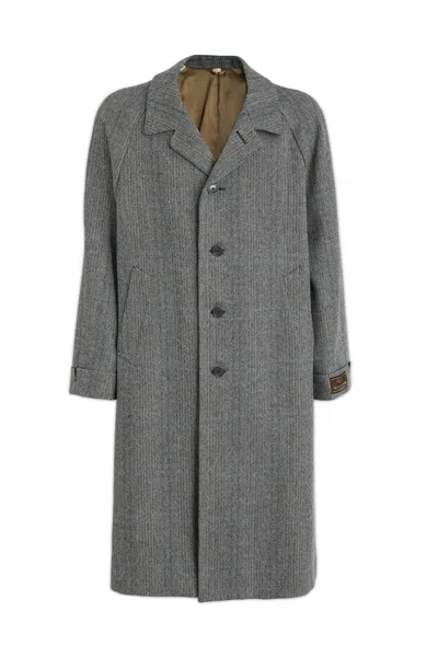 Gucci Long Houndstooth Wool Coat With Peaked Lapels In Gray
