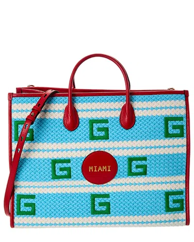Gucci Capri Woven & Leather Tote In Blue