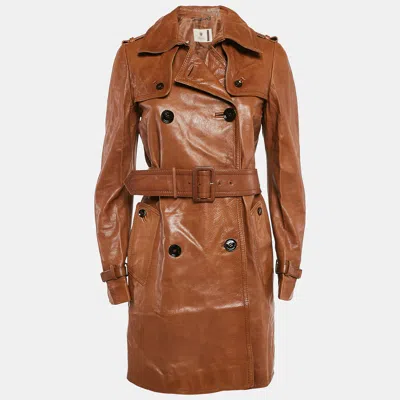 Pre-owned Gucci Caramel Brown Leather Double Breasted Trench Coat S