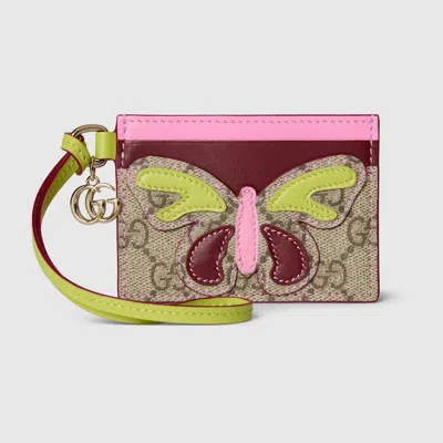 Gucci Card Case With Double G And Butterfly In Sand