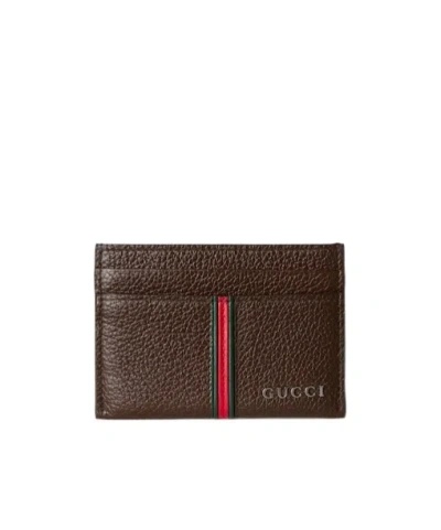 Gucci Card Case With Web In Brown