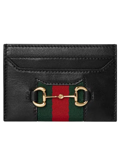 Gucci Horsebit Web Stripe Leather Card Holder In Black