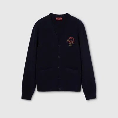 Gucci Knit Wool Cardigan With Embroidery In Blue