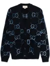 Gucci Mens Monogram-print V-neck Relaxed-fit Wool-blend Cardigan Navy Mc Xl In Blue