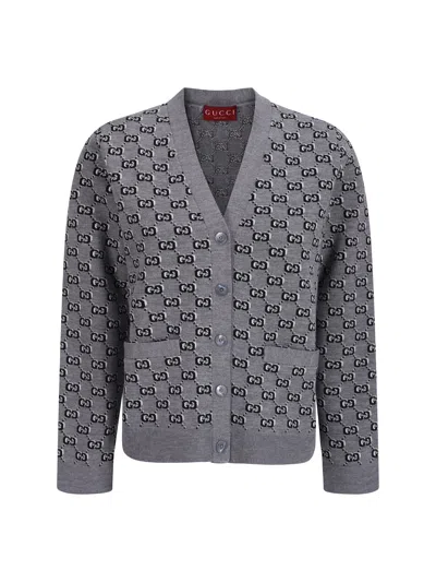 Gucci Wool Jacquard Cardigan With Gg Shadow In Grey