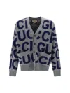 Gucci Logo-intarsia Wool Cardigan In Grey/blue