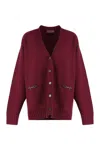 Gucci Bordeaux V-neck Cardigan With Metal Clamps On The Front In Wool And Cashmere Blend Woman In Red