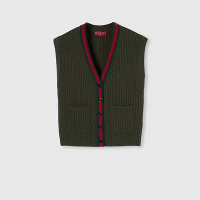 Gucci Cardigan-weste Aus Gefilzter Wolle Mit Web In Green