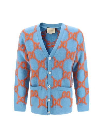 Gucci Jacquard Print Wool V-neck Cardigan In Blue