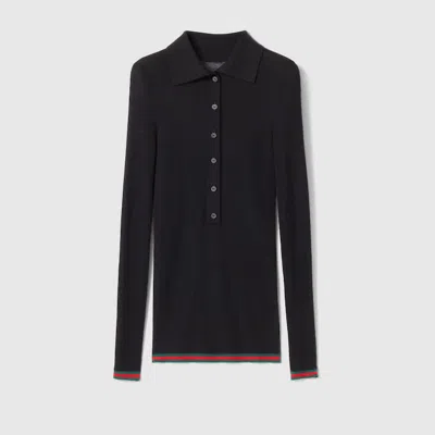 Gucci Cashmere And Silk Polo Top With Web In Black
