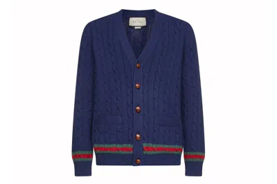 Pre-owned Gucci Cashmere And Wool Cable-knit Cardigan Blue