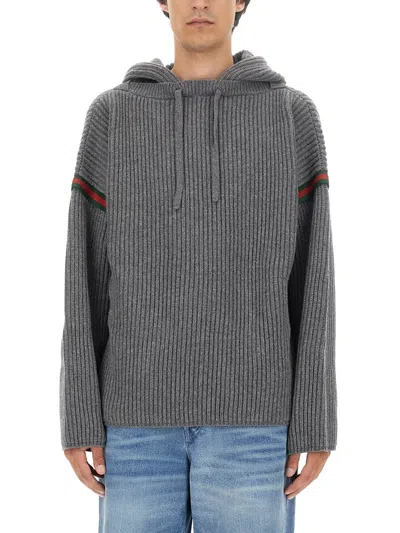 Gucci Oversize Wool Cashmere Sweater With Hood In Gray