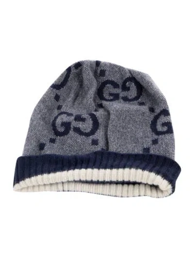 Pre-owned Gucci Cashmere Beanie With Gg Supreme Pattern In Blue