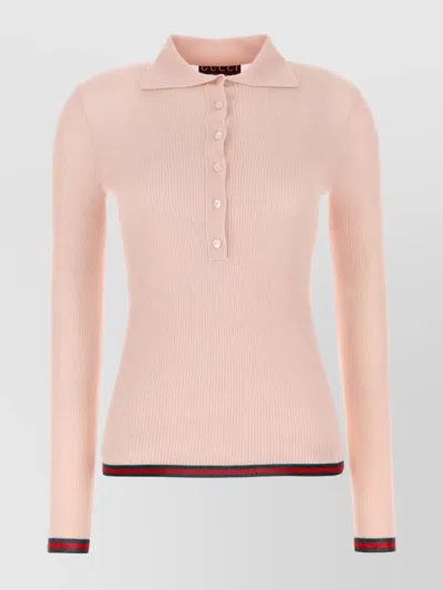 Gucci Cashmere Blend Polo Shirt With Contrast Trim In Pink