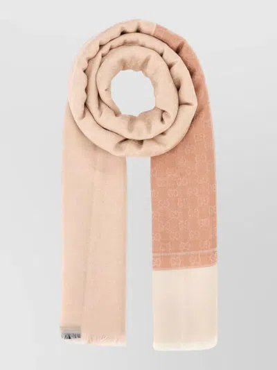 Gucci Cashmere Blend Scarf Two Tone Fringed In Neutral