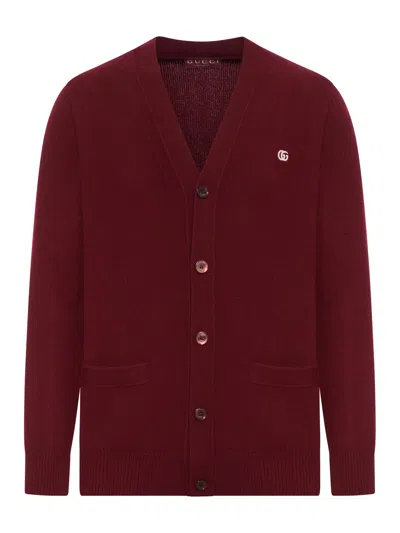 Gucci Cashmere Cardigan With Logo On The Chest In Burgundy