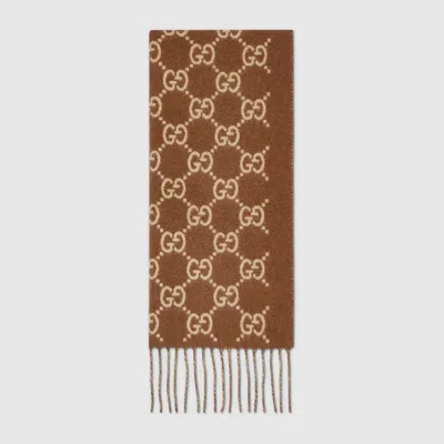 Gucci Cashmere Gg Fringed Scarf (w 190 Cm X H 45 Cm) In Brown