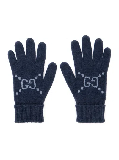 Gucci Cashmere Gg Logo Gloves In Blue