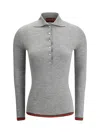 Gucci Cashmere And Silk Polo Top With Web In Light Grey Mel/mc