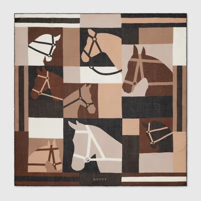 Gucci Cashmere Shawl With Equestrian Motif In Brown