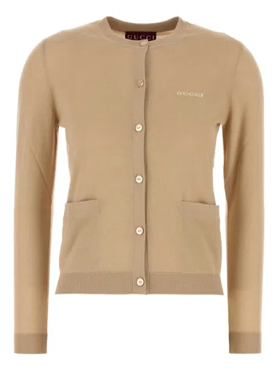 Gucci Luxe Ribbed Cashmere Cardigan Pockets In Brown