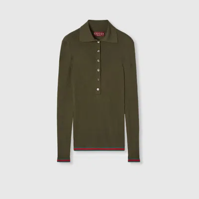 Gucci Womens Ribbed Long-sleeves Cashmere And Silk Polo Shirt Forest Green Mc