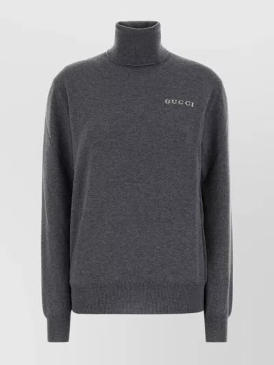 Gucci Cashmere Turtleneck Sweater With Ribbed Cuffs And Hem In Gray