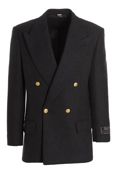Gucci Men Cashmere Wool Double Breast Blazer Jacket In Black