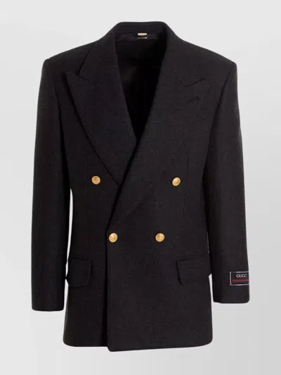 Gucci Men Cashmere Wool Double Breast Blazer Jacket In Black