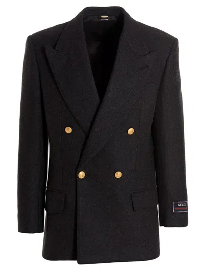 Gucci Men Cashmere Wool Double Breast Blazer Jacket In Black