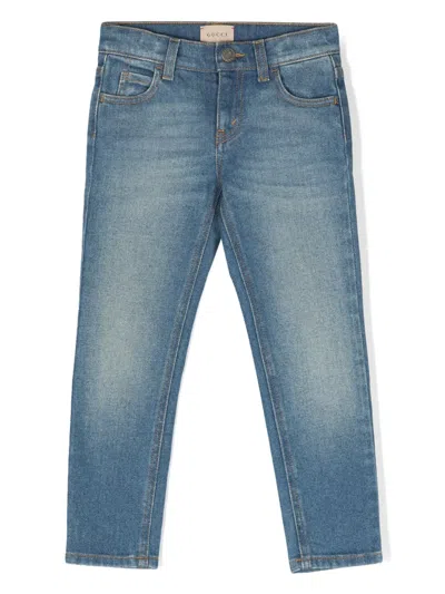 Gucci Kids' Cat-embroidered Skinny Jeans In Blue