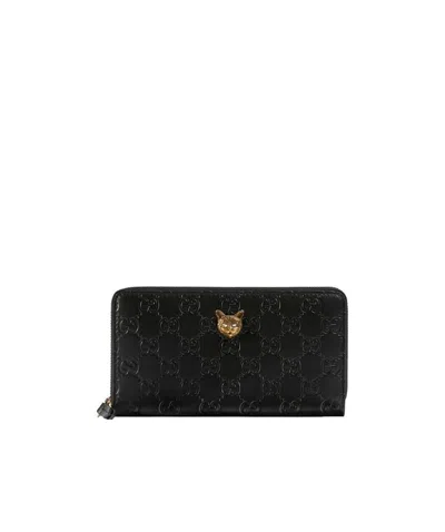 Gucci Cat Head Inlaid Zipper Wallet In Black