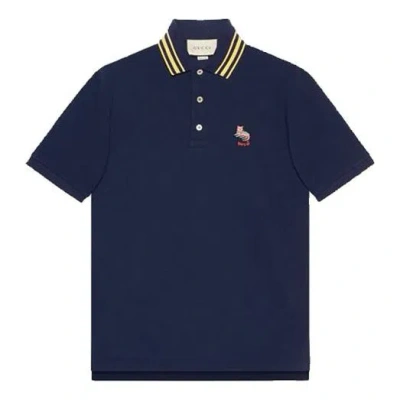 Gucci Cat Logo Embroidered Polo 'navy' In Blue