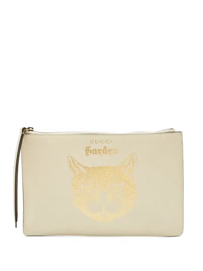 Pre-owned Gucci Cat Zip Clutch Bag In Neutral