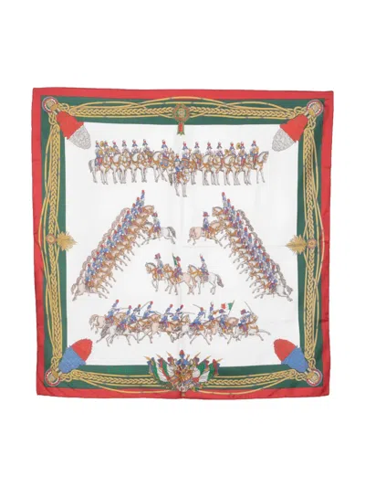 Pre-owned Gucci Cavalry-print Silk Scarf In White