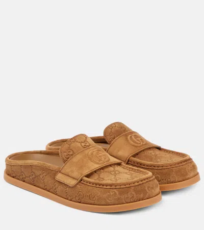 Gucci Celia Gg Suede Mules In Brown