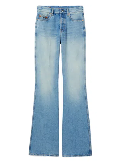 Gucci ? Certified Stone-washed Cotton Denim Flared Jeans With Leather-trim Hook In Blu