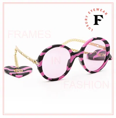 Pre-owned Gucci Chain 0726 Gold Black Pink Zebra Heart Charm Round Sunglasses Gg0726s 006