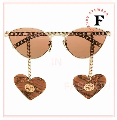 Pre-owned Gucci Chain 0977 Gold Brown Tiger Heart Detachable Charm Sunglasses Gg0977s 002