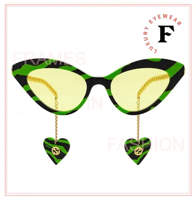 Pre-owned Gucci Chain 0978 Gold Black Green Zebra Heart Pedant Sunglasses Gg0978s 006