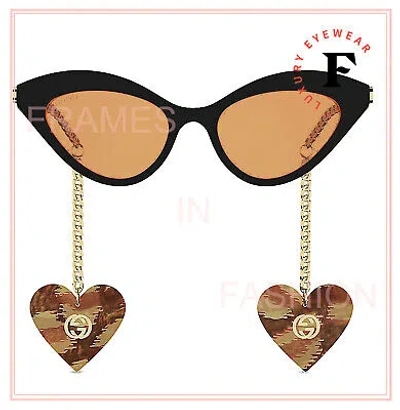 Pre-owned Gucci Chain 0978 Gold Black Yellow Heart Detachable Charm Sunglasses Gg0978 002