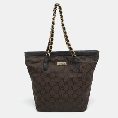 Pre-owned Gucci Chain Dark Brown Gg Fabric And Leather Tote