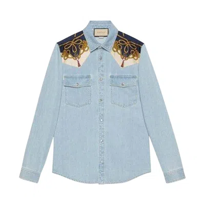 Pre-owned Gucci Chain Print Panelled Shirt 'light Blue' | Men's Size 46