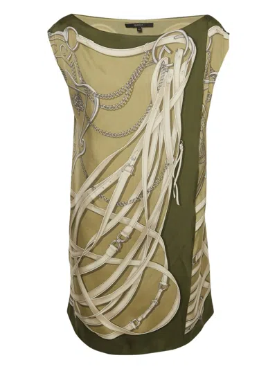 Pre-owned Gucci Chain-print Silk Dress In Green