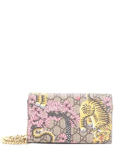 Pre-owned Gucci Chain Wallet Bengal Print Gg Coated Canvas Crossbody Bag In Brown