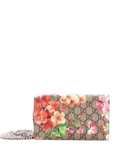 Pre-owned Gucci Chain Wallet Blooms Print Gg Coated Canvas Crossbody Bag In Brown