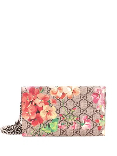 Pre-owned Gucci Chain Wallet Blooms Print Gg Coated Canvas Crossbody Bag In Brown